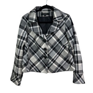 Nine West Wool Blend Plaid Jacket Lightweight 3 Button Lined Black Gray Women 8*